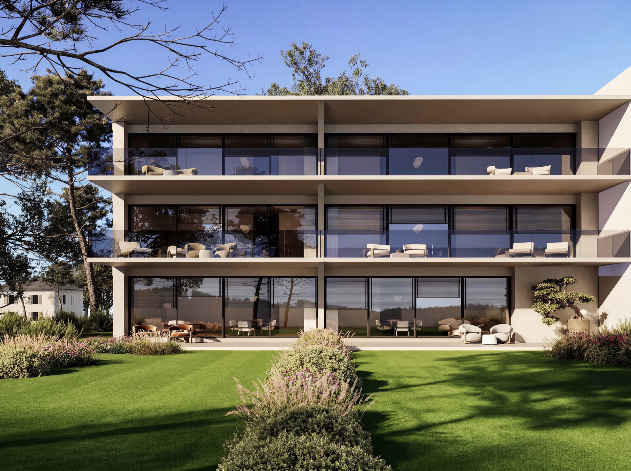 Façade jardin de la résidence, survolez pour découvrir chaque appartement