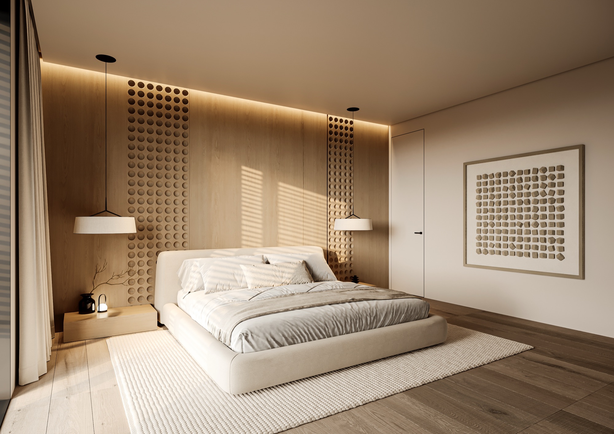 Chambre parentale avec tête de lit en bois